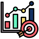 Diagramm mit steigenden Balken und Ziel für Marketingstrategie.