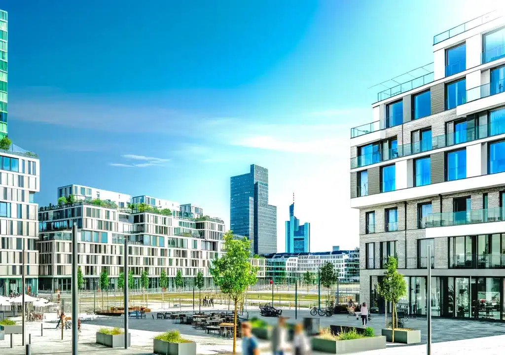 Moderne Architektur mit einer Mischung aus Wohn- und Geschäftsgebäuden in Frankfurt-Riedberg. Menschen schlendern durch grüne Parkanlagen unter einem klaren blauen Himmel, mit der Skyline von Frankfurt im Hintergrund.