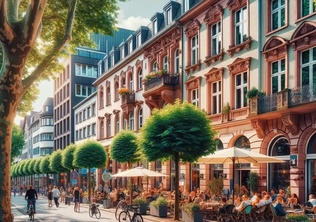 Lebendige Straßenszene im Frankfurt-Nordend mit historischen Fassaden und einem Café, betreut von Ihrem erfahrenen Immobilienmakler in der Region.