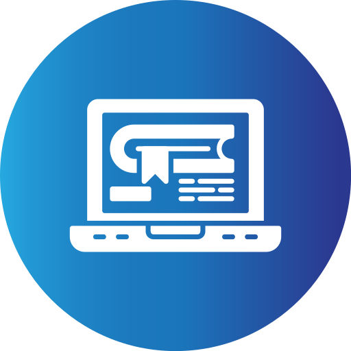 Piktogramm eines Laptops mit Immobilienverwaltungssoftware auf dem Bildschirm, vor einem blauen kreisförmigen Hintergrund.
